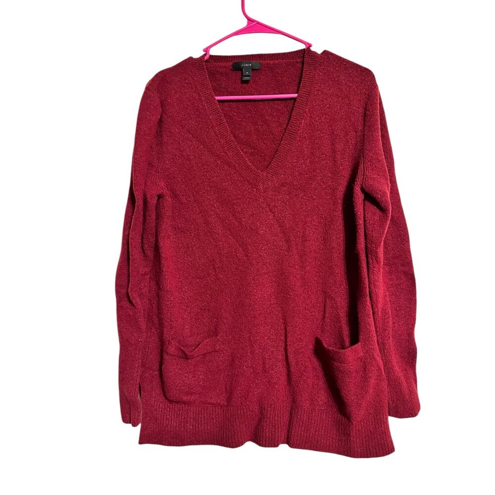 J. Crew Red Wool Blend V-Neck Sweater Size Medium Pockets